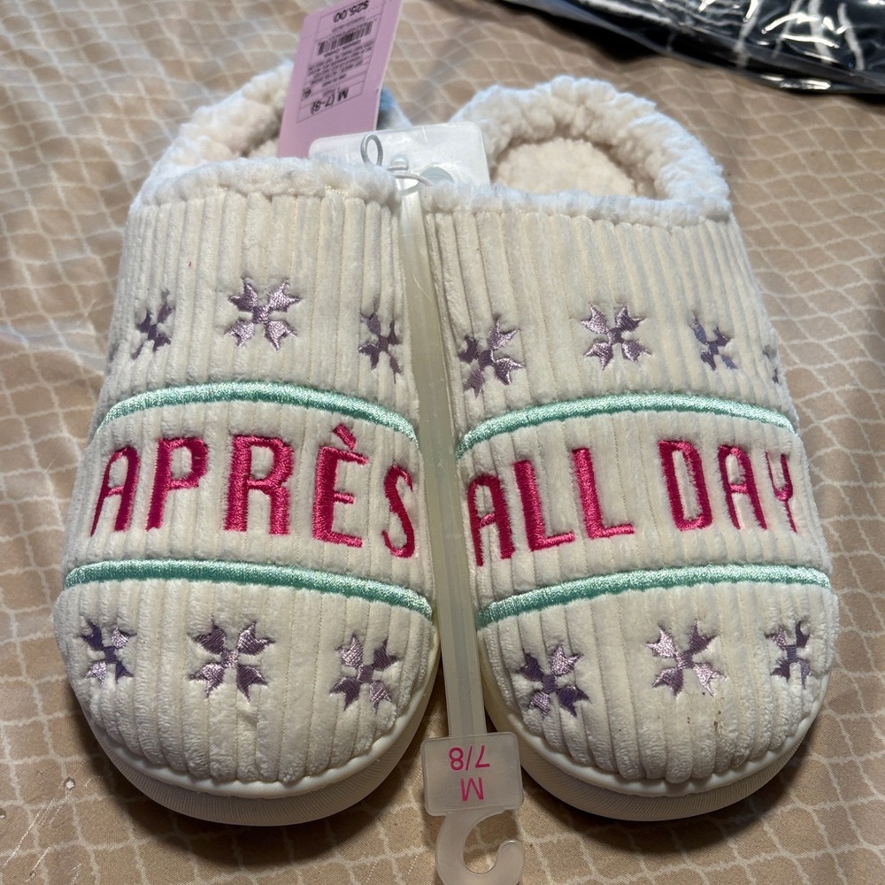 Mix No. 6 White Fuzzy Slippers with Pink and Green Accents